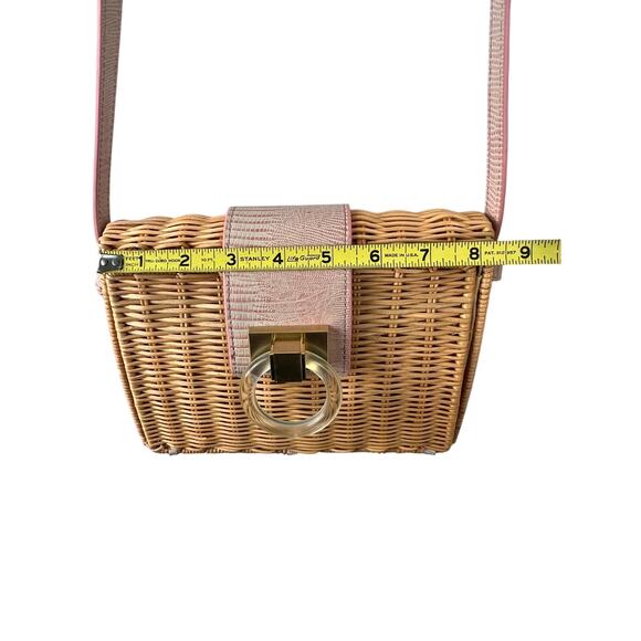 Pamela Munson Caroline Wicker Rattan Crossbody Bag w Pink Reptile Trim - Picture 6 of 10